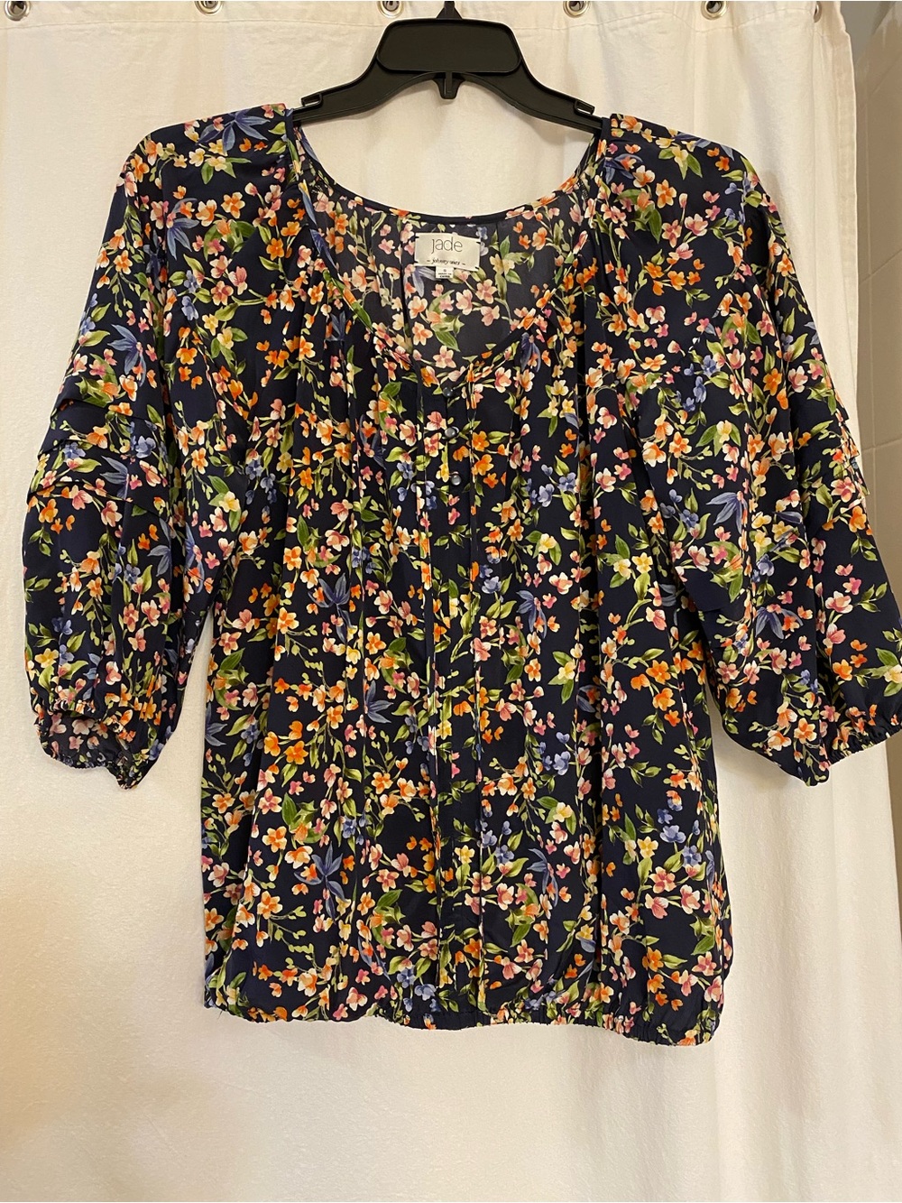 Johnny Was “Jade” Silk Navy Blue Floral.   NWOT. Size S oversized, fits to Large